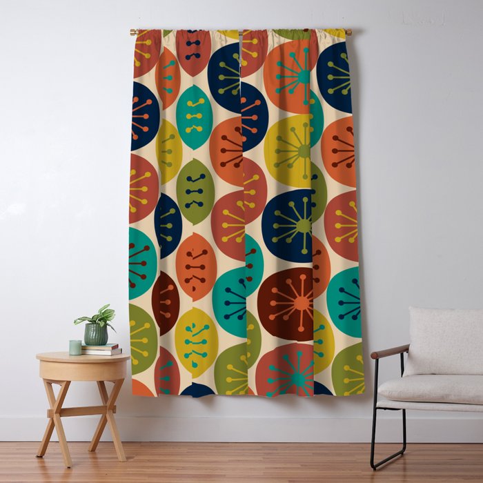 Atomic Dots Pattern in Mid Mod Teal, Orange, Olive, Blue, Mustard, and Beige Window Curtain Gallery Image 1