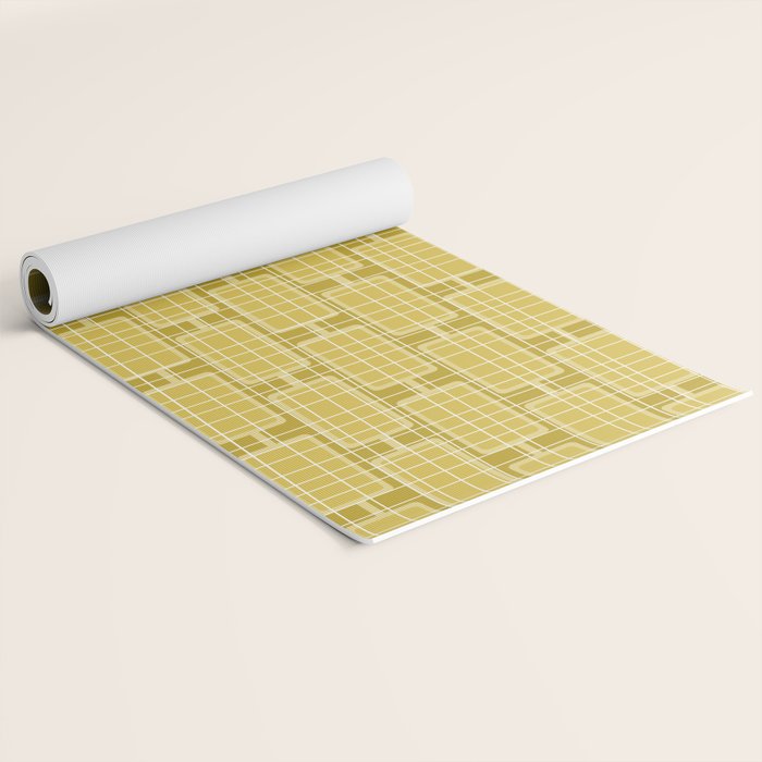 Mid Century Modern Woven Link Pattern in Olive Yellow and White Yoga Mat Gallery Image 2