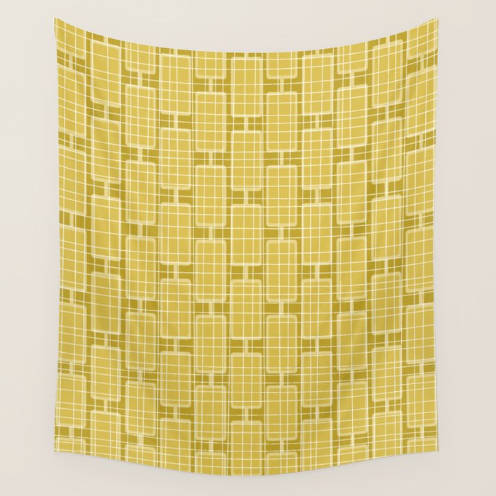 Mid Century Modern Woven Link Pattern in Olive Yellow and White Wall Tapestry Gallery Image 1