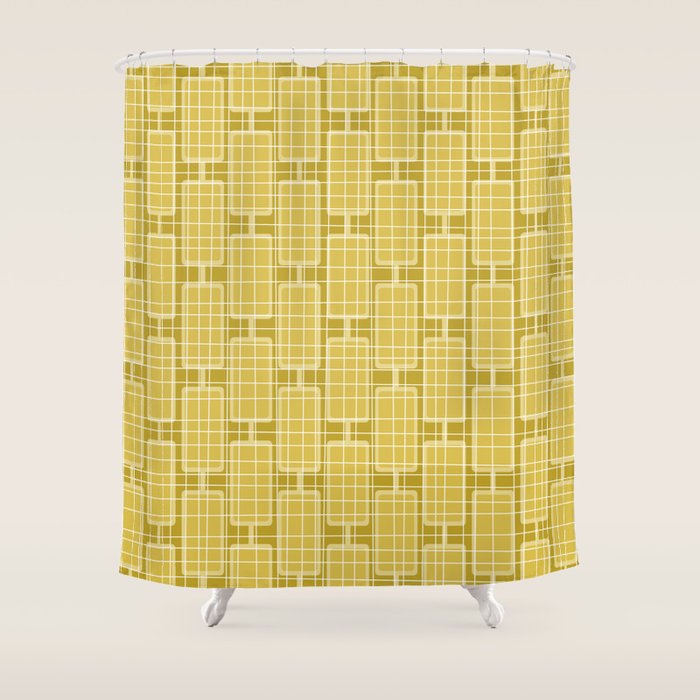 Mid Century Modern Woven Link Pattern in Olive Yellow and White Shower Curtain Gallery Image 1