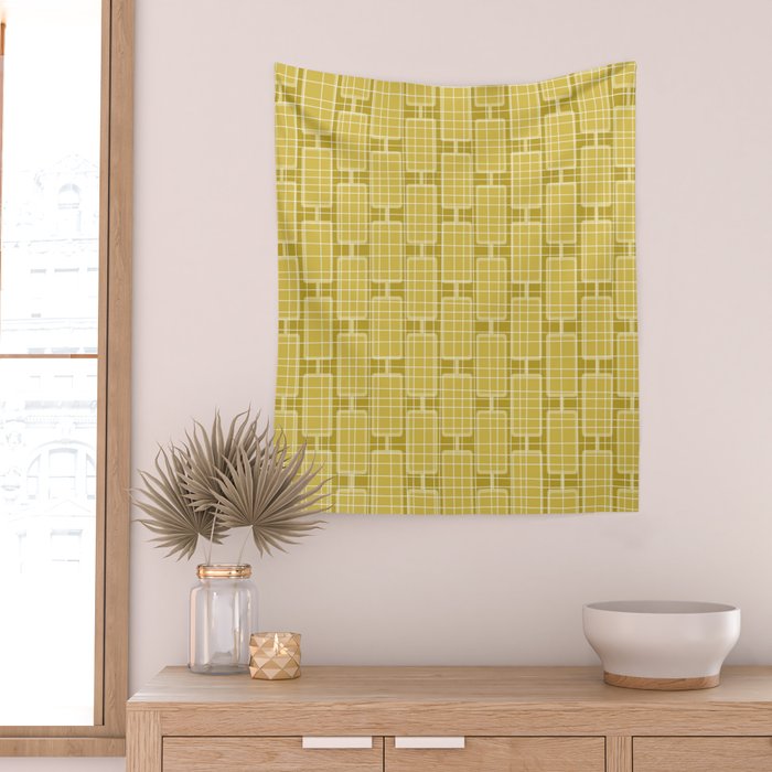 Mid Century Modern Woven Link Pattern in Olive Yellow and White Wall Tapestry Gallery Image 2