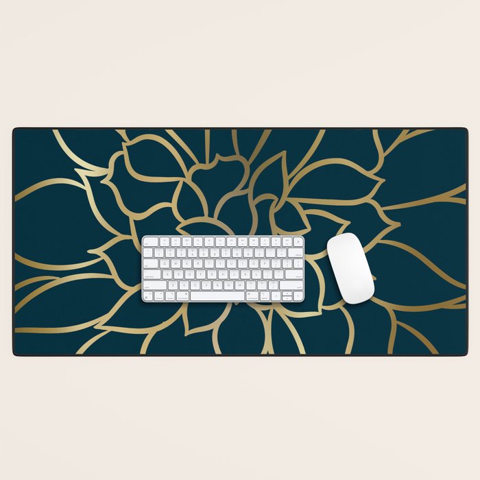 Festive, Floral Prints, Line Art, Dark Teal and Gold Desk Mat Gallery Image 1