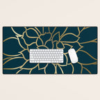 Festive, Floral Prints, Line Art, Dark Teal and Gold Desk Mat Gallery Image 1