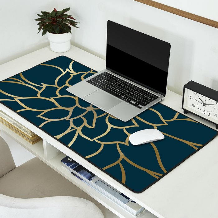 Festive, Floral Prints, Line Art, Dark Teal and Gold Desk Mat Gallery Image 2