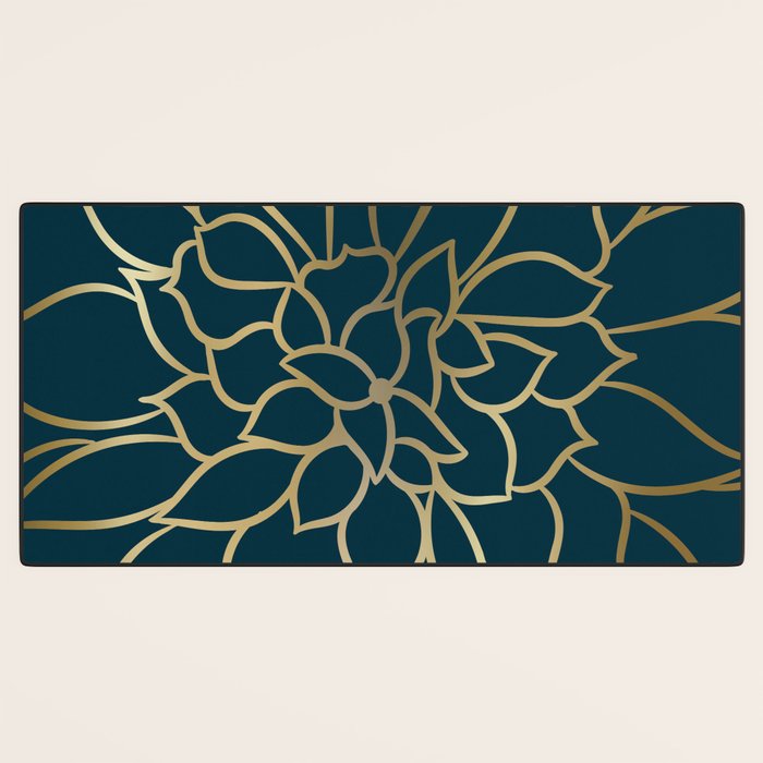 Festive, Floral Prints, Line Art, Dark Teal and Gold Desk Mat Gallery Image 3