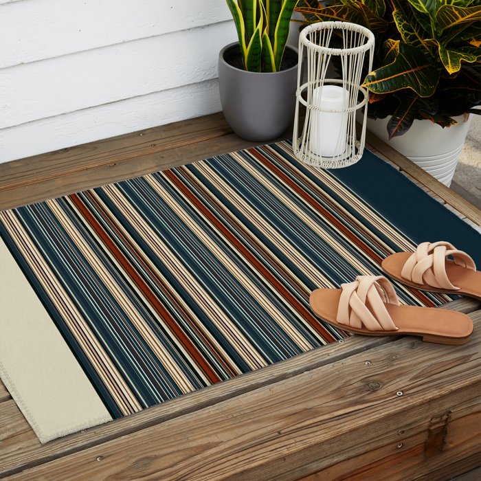 Dark Indigo Tan Stripes Outdoor Rug Gallery Image 2