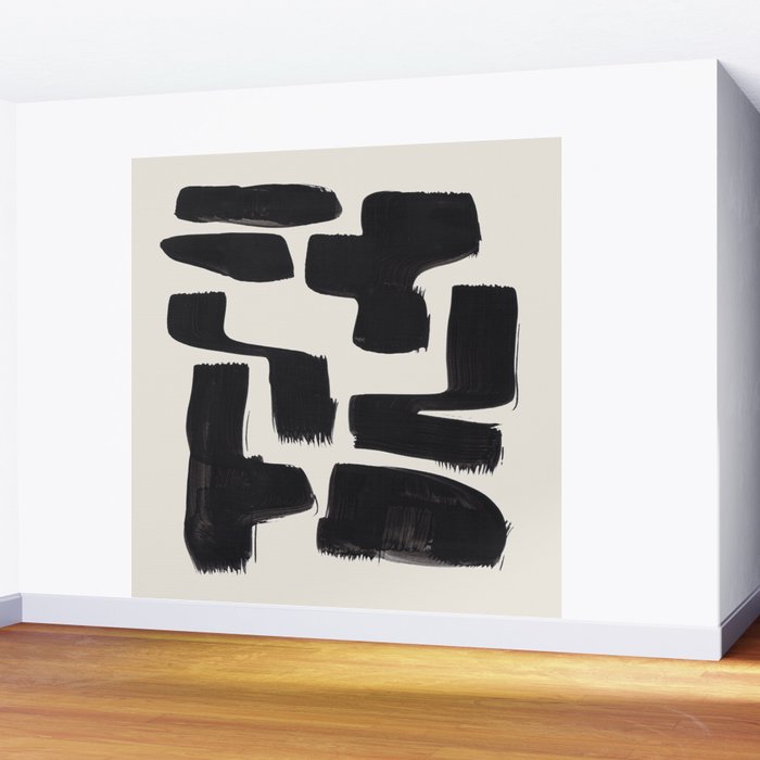Mid Century Modern Minimalist Abstract Art Brush Strokes Black & White Ink Art Shapes Wall Mural Gallery Image 2