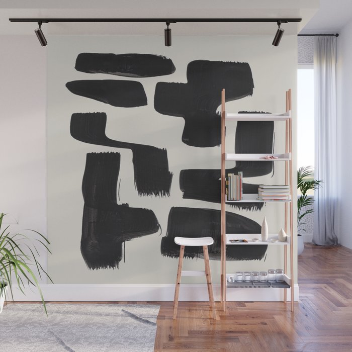 Mid Century Modern Minimalist Abstract Art Brush Strokes Black & White Ink Art Shapes Wall Mural Gallery Image 1