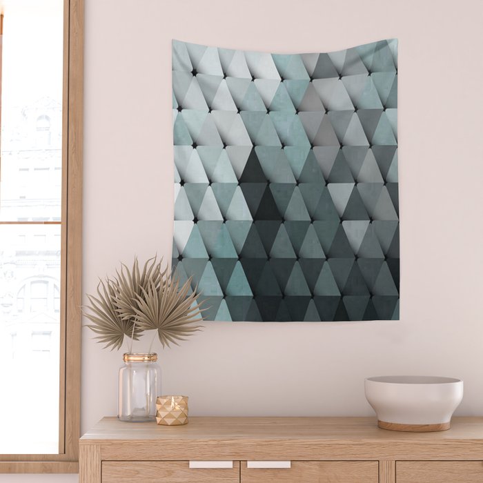 Triangles Teal Gray Wall Tapestry Gallery Image 2