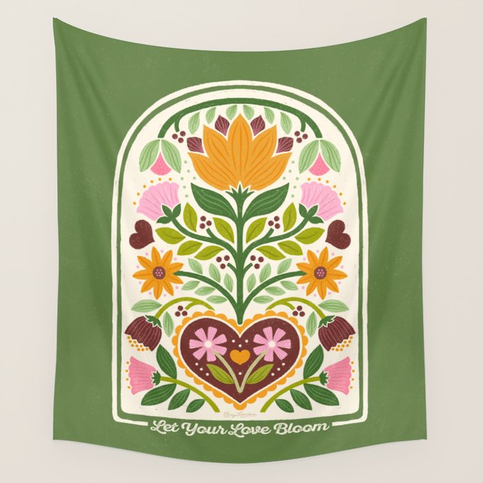 Let your Love Bloom Floral Folk Art Wall Tapestry Gallery Image 1