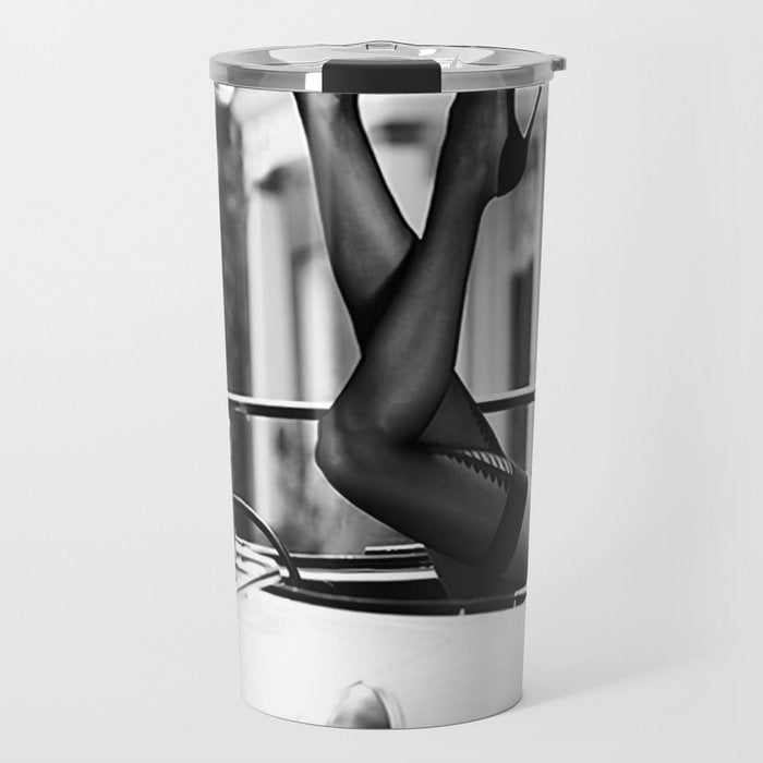 Head over heels stockings and lace high heel female model portrait black and white photograph - photography - photographs Travel Mug Gallery Image 1