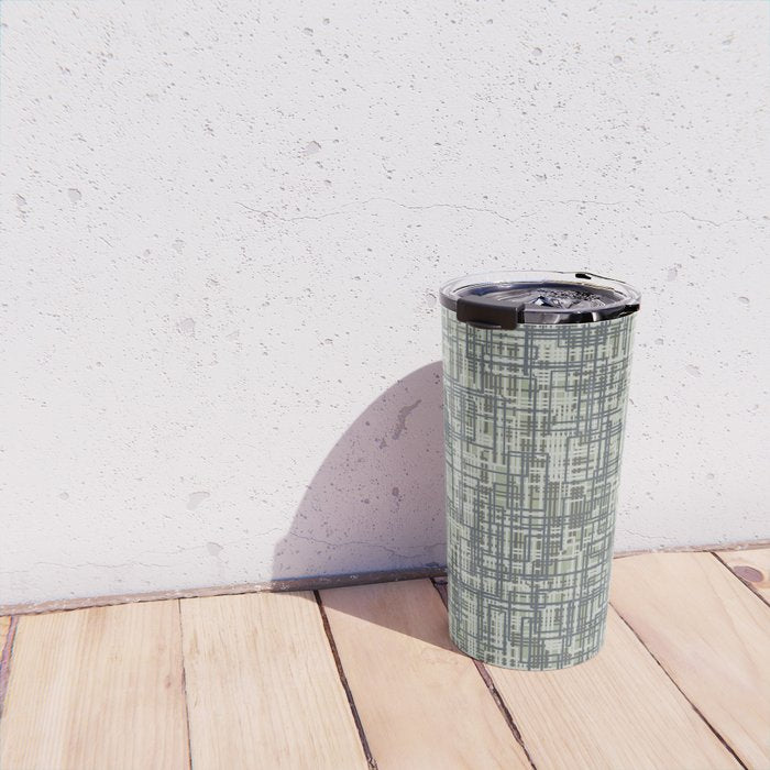 Mid Century Modern Woven Circuit Pattern in Sage Green and Blue Gray Travel Mug Gallery Image 4