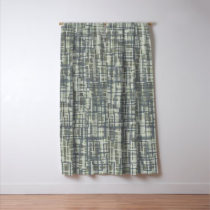 Mid Century Modern Woven Circuit Pattern in Sage Green and Blue Gray Window Curtain Gallery Image 3