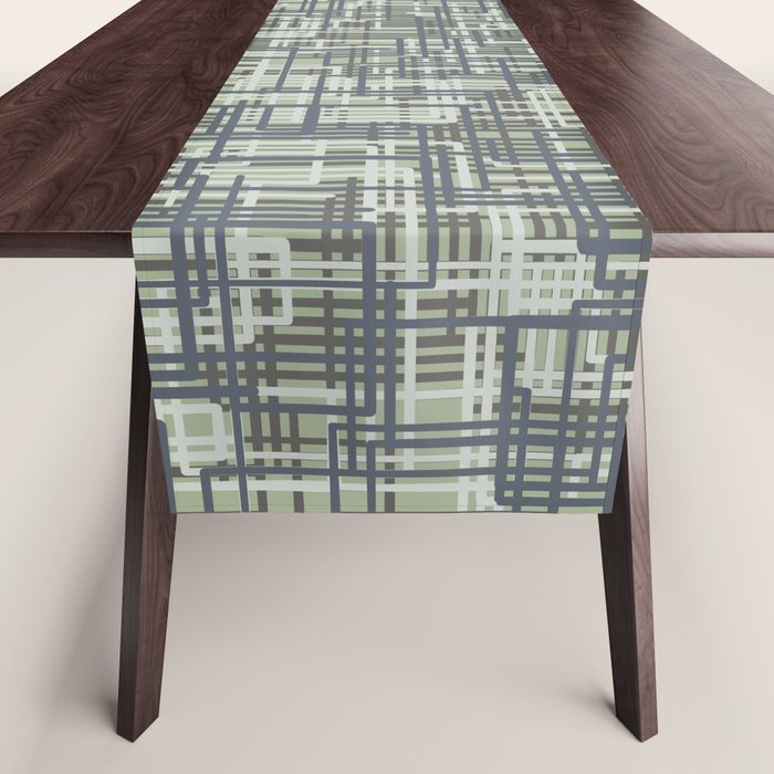Mid Century Modern Woven Circuit Pattern in Sage Green and Blue Gray Table Runner Gallery Image 1
