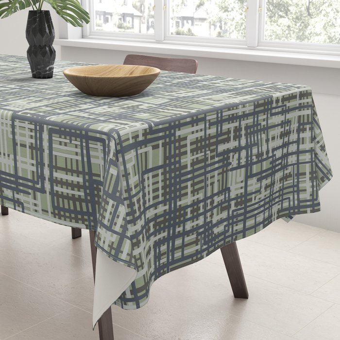 Mid Century Modern Woven Circuit Pattern in Sage Green and Blue Gray Tablecloth Gallery Image 3