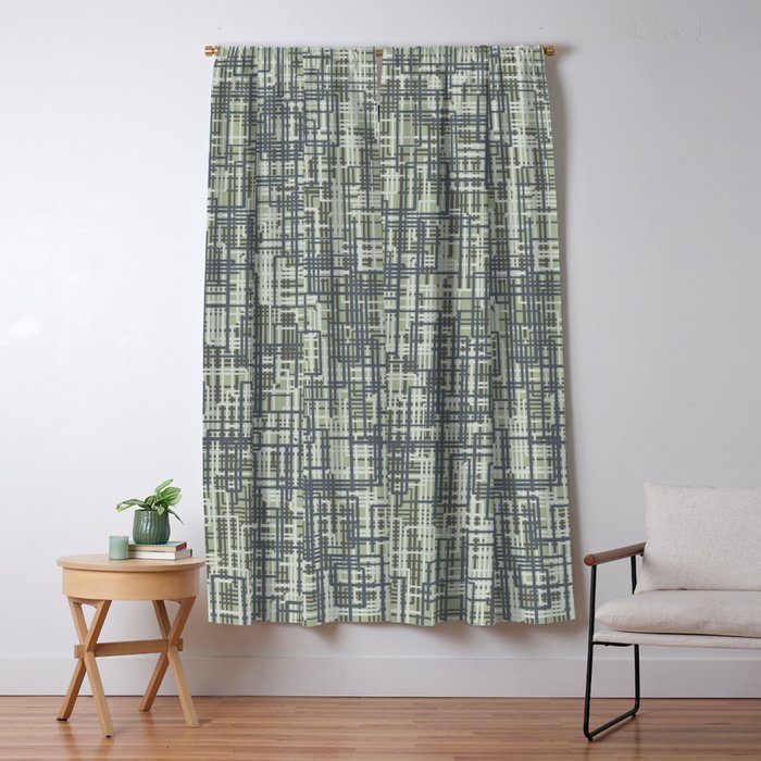 Mid Century Modern Woven Circuit Pattern in Sage Green and Blue Gray Window Curtain Gallery Image 5