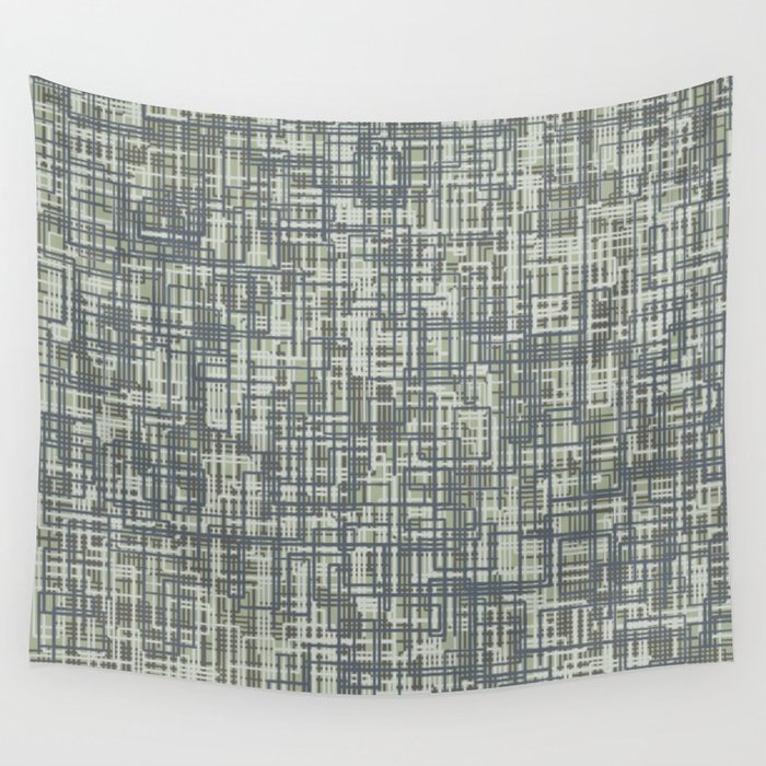Mid Century Modern Woven Circuit Pattern in Sage Green and Blue Gray Wall Tapestry Gallery Image 4