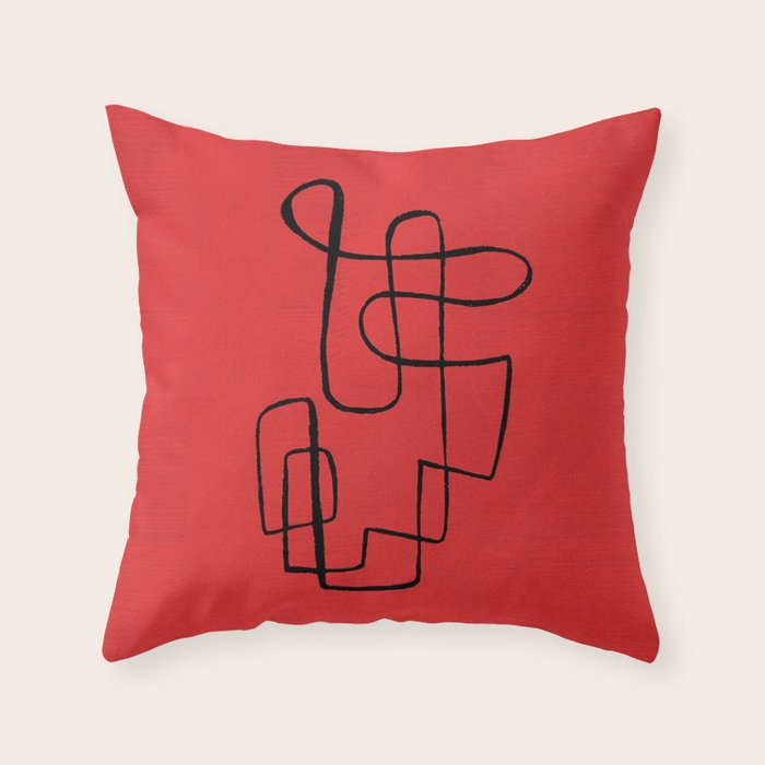 Minimalist Minimal Line Drawing Line Art Maze Red Painting Mid Century Modern Cool Retro Funky Trendy Throw Pillow Gallery Image 1