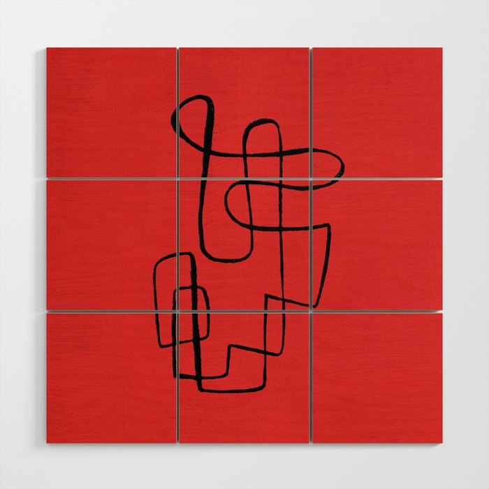 Minimalist Minimal Line Drawing Line Art Maze Red Painting Mid Century Modern Cool Retro Funky Trendy Wood Wall Art Gallery Image 1