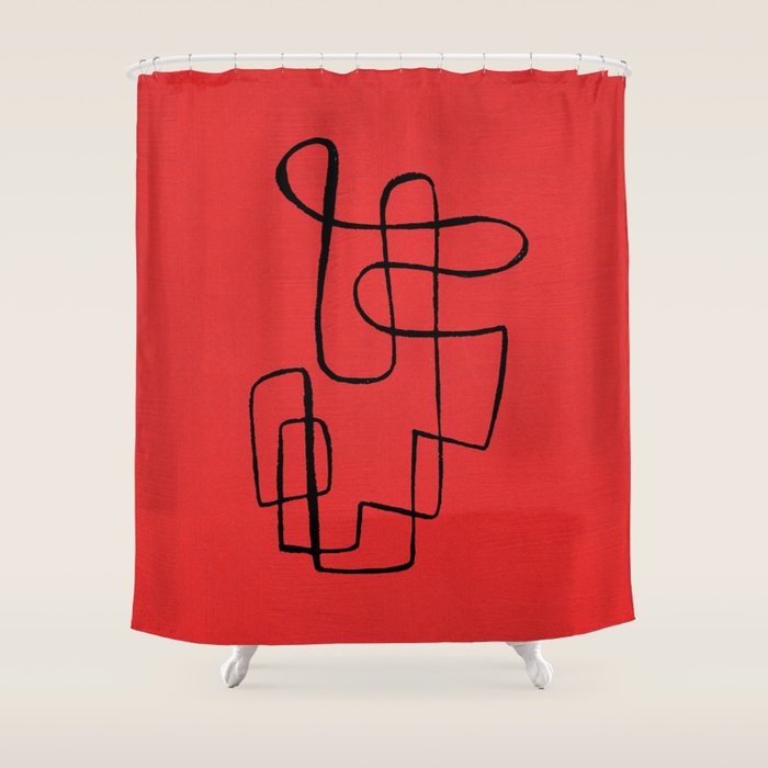 Minimalist Minimal Line Drawing Line Art Maze Red Painting Mid Century Modern Cool Retro Funky Trendy Shower Curtain Gallery Image 1
