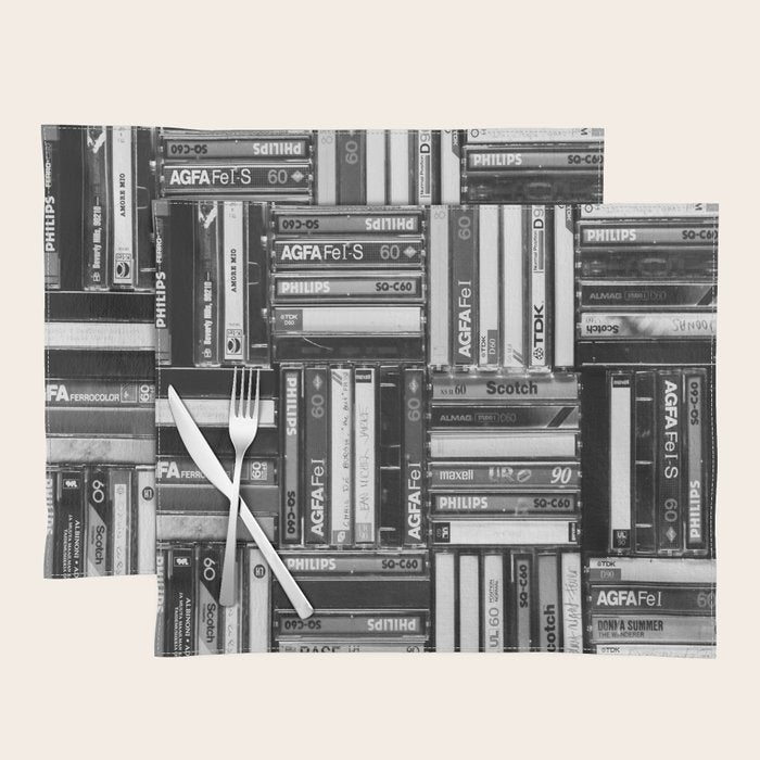 Music Cassette Stacks - Black and White - Something Nostalgic IV #decor #society6 #buyart Placemat Gallery Image 1