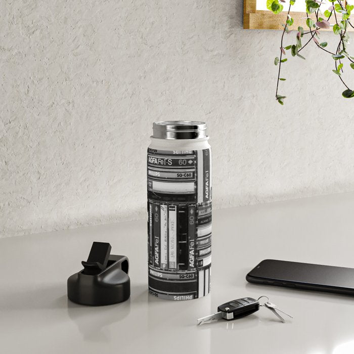 Music Cassette Stacks - Black and White - Something Nostalgic IV #decor #society6 #buyart Water Bottle Gallery Image 4