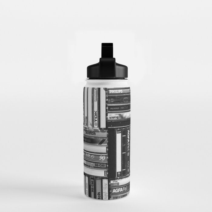 Music Cassette Stacks - Black and White - Something Nostalgic IV #decor #society6 #buyart Water Bottle Gallery Image 2