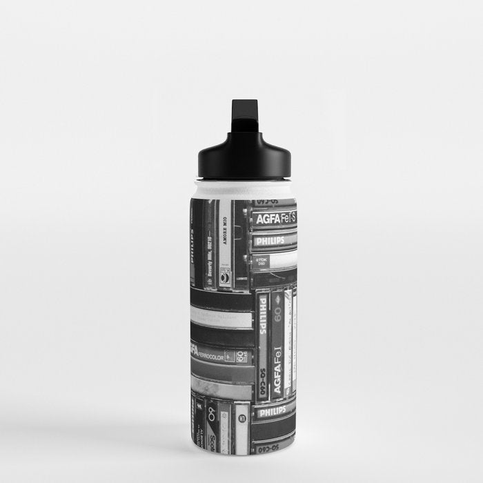 Music Cassette Stacks - Black and White - Something Nostalgic IV #decor #society6 #buyart Water Bottle Gallery Image 3