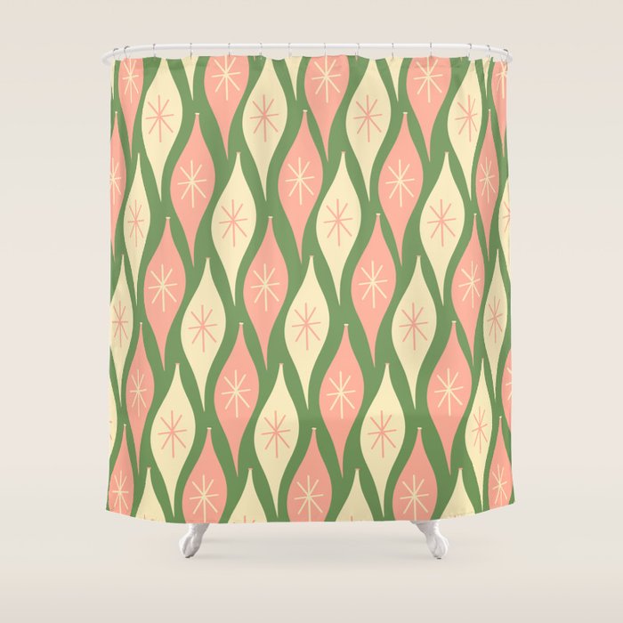 Mid Century Modern Atomic Christmas Abstract Ornaments Blush Pink and Vintage Green Pattern Shower Curtain Gallery Image 1