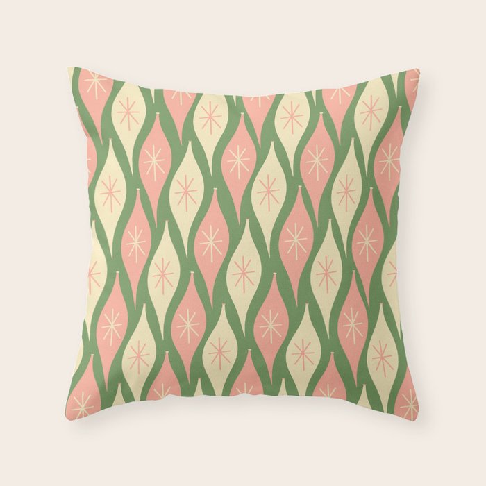 Mid Century Modern Atomic Christmas Abstract Ornaments Blush Pink and Vintage Green Pattern Throw Pillow Gallery Image 6