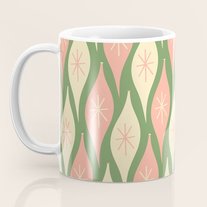 Mid Century Modern Atomic Christmas Abstract Ornaments Blush Pink and Vintage Green Pattern Coffee Mug Gallery Image 3