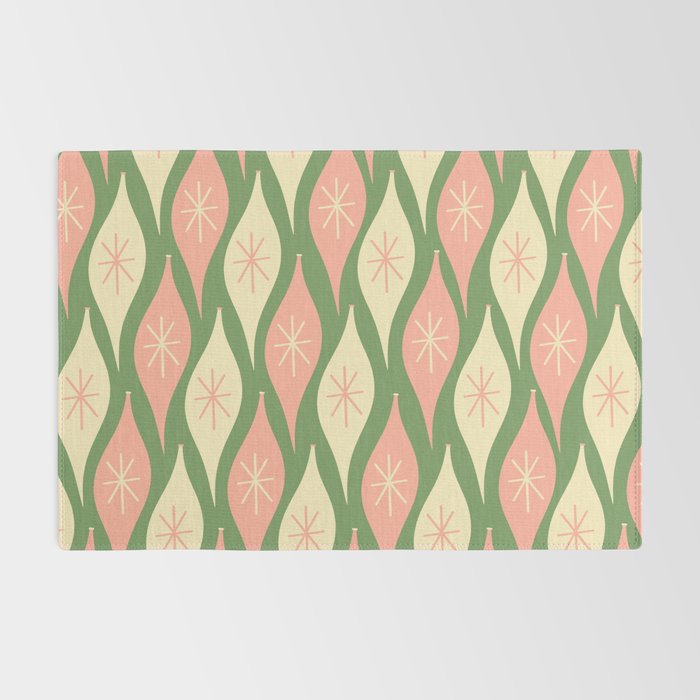 Mid Century Modern Atomic Christmas Abstract Ornaments Blush Pink and Vintage Green Pattern Rug Gallery Image 2
