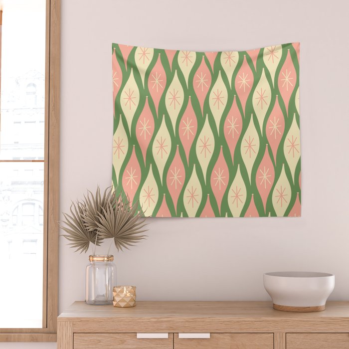 Mid Century Modern Atomic Christmas Abstract Ornaments Blush Pink and Vintage Green Pattern Wall Tapestry Gallery Image 2