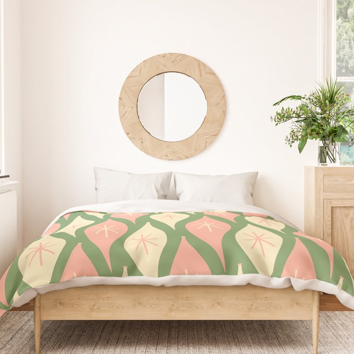Mid Century Modern Atomic Christmas Abstract Ornaments Blush Pink and Vintage Green Pattern Duvet Cover Gallery Image 3