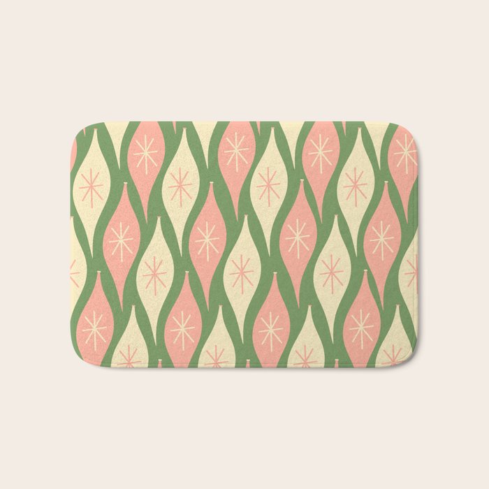 Mid Century Modern Atomic Christmas Abstract Ornaments Blush Pink and Vintage Green Pattern Bath Mat Gallery Image 1