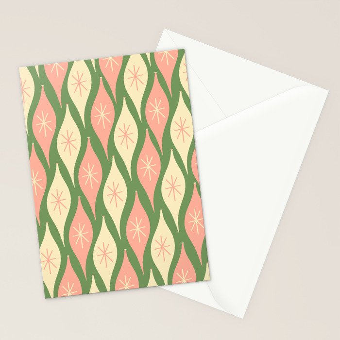 Mid Century Modern Atomic Christmas Abstract Ornaments Blush Pink and Vintage Green Pattern Stationery Card Gallery Image 2