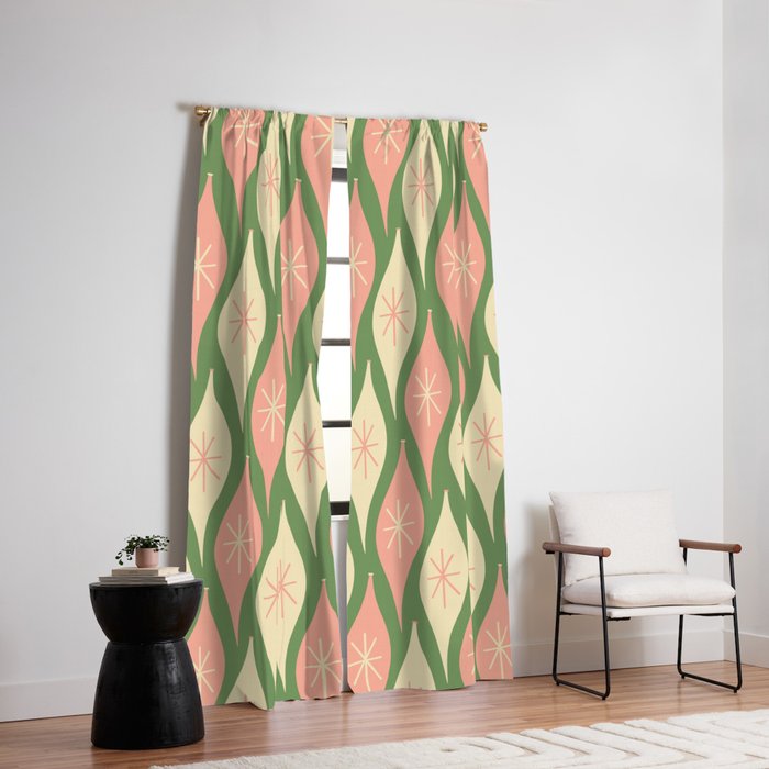 Mid Century Modern Atomic Christmas Abstract Ornaments Blush Pink and Vintage Green Pattern Window Curtain Gallery Image 2