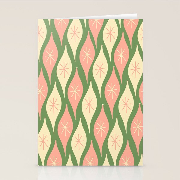 Mid Century Modern Atomic Christmas Abstract Ornaments Blush Pink and Vintage Green Pattern Stationery Card Gallery Image 1