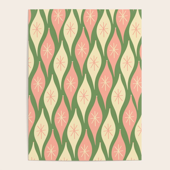 Mid Century Modern Atomic Christmas Abstract Ornaments Blush Pink and Vintage Green Pattern Poster Gallery Image 1