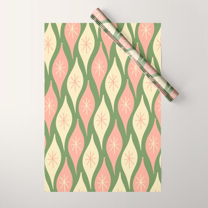 Mid Century Modern Atomic Christmas Abstract Ornaments Blush Pink and Vintage Green Pattern Wrapping Paper Gallery Image 1