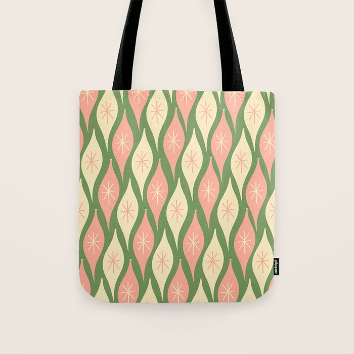 Mid Century Modern Atomic Christmas Abstract Ornaments Blush Pink and Vintage Green Pattern Tote Bag Gallery Image 1