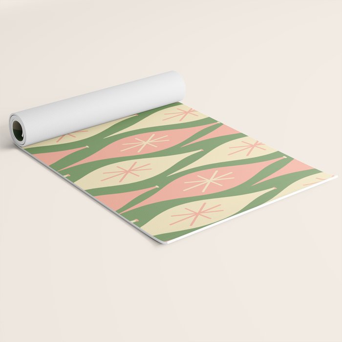 Mid Century Modern Atomic Christmas Abstract Ornaments Blush Pink and Vintage Green Pattern Yoga Mat Gallery Image 2