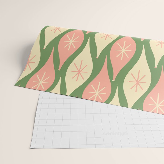 Mid Century Modern Atomic Christmas Abstract Ornaments Blush Pink and Vintage Green Pattern Wrapping Paper Gallery Image 2