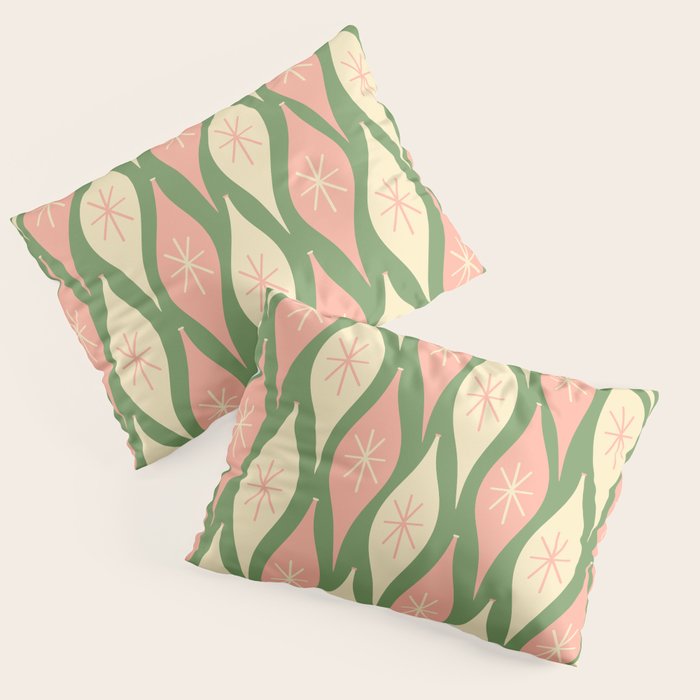 Mid Century Modern Atomic Christmas Abstract Ornaments Blush Pink and Vintage Green Pattern Pillow Sham Gallery Image 3