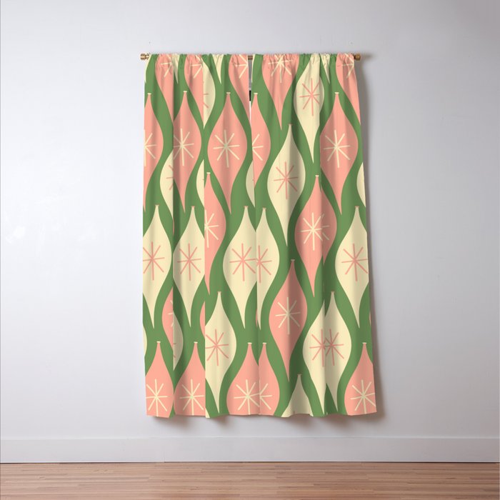 Mid Century Modern Atomic Christmas Abstract Ornaments Blush Pink and Vintage Green Pattern Window Curtain Gallery Image 3