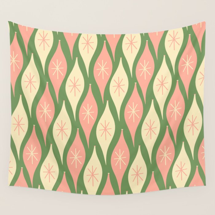 Mid Century Modern Atomic Christmas Abstract Ornaments Blush Pink and Vintage Green Pattern Wall Tapestry Gallery Image 4