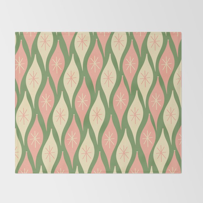 Mid Century Modern Atomic Christmas Abstract Ornaments Blush Pink and Vintage Green Pattern Throw Blanket Gallery Image 2