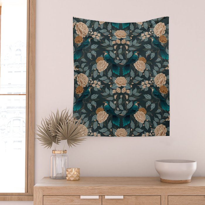 Spring Song - Dark Teal Birds and Floral Print Wall Tapestry Gallery Image 2