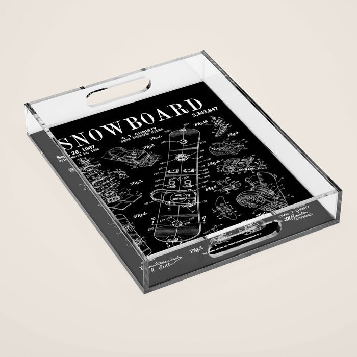 Snowboard Winter Snowboarding Vintage Patent Drawing Print Acrylic Tray Gallery Image 1
