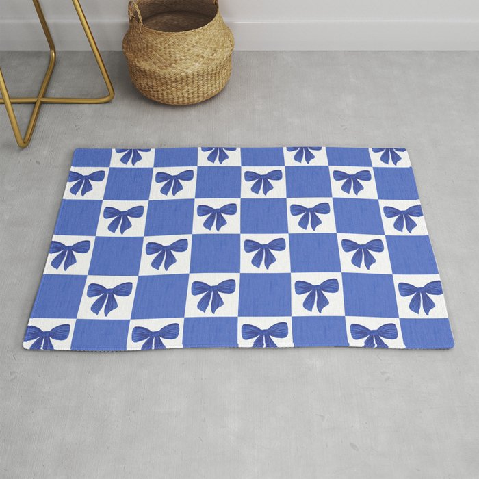 Elegant Blue Bow Checkerboard Pattern - Perfect for Winter and Holiday Themes Rug Gallery Image 1